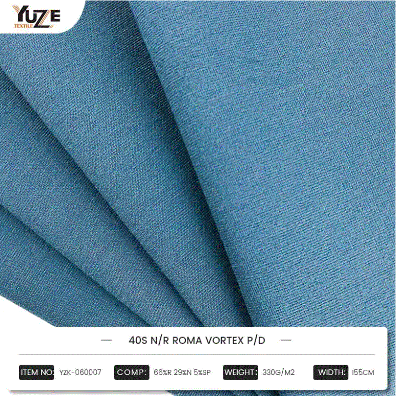 YZK-060007 40S N/R রোমা ঘূর্ণি পি/ডি: রেয়ন, নাইলন এবং স্প্যানডেক্সের উচ্চ-পারফরম্যান্স মিশ্রণের সংমিশ্রণ, ভের্টেক্স ঘূর্ণি স্পিনিং প্রযুক্তি একটি টেকসই এবং আরামদায়ক ফ্যাশন পছন্দ তৈরি করে
